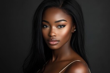 Fototapeta premium A professional headshot of a woman with clean makeup, captured in a photography studio.