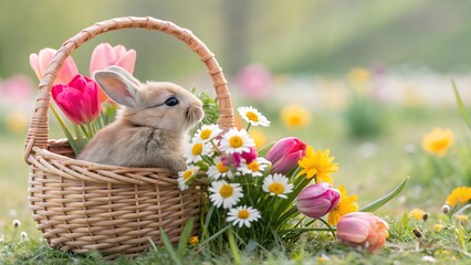 A small rabbit sits in a wicker basket, next to him lies a bouquet of daisies and tulips.