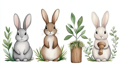 Fototapeta premium Playful Watercolor Rabbits Collection Cute rabbits standing on grass plants