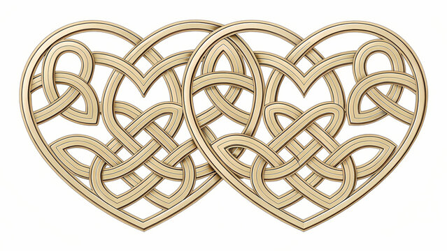 A digital rendering shows two golden hearts, each with an intricate Celtic knot design filling their centers. The hearts are positioned side-by-side, appearing as if they are slightly overlapping.