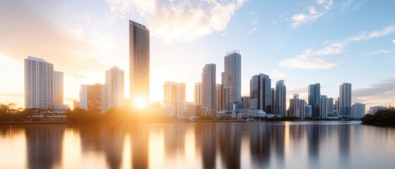 Obraz premium A beautiful skyline at sunrise, featuring modern buildings reflecting on a calm river, creating a serene urban landscape.