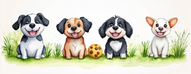 Obraz premium Happy Dogs Watercolor Collection Cute dogs playful on grass garden