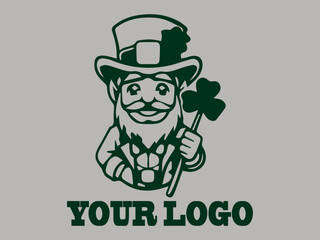 This leprechaun vector illustration features an old dwarf with a beard, a prankster leprechaun the gold pot fairy, an Irish dwarf guarding treasure, green and a leprechaum logo background