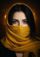 Fototapeta premium Mysterious woman with blue eyes draped in yellow headscarf against a warm glow
