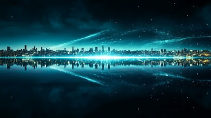 Fototapeta premium Night City Skyline Reflected in Calm Waters