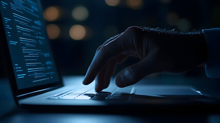 IT-Spezialist programmiert auf Laptop in dunkler Umgebung mit futuristischer Beleuchtung  
