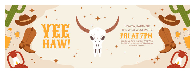 A colorful Wild West-themed party invitation design featuring cowboy boots, hats, cacti, lanterns, and a bull skull. Perfect for Western-themed events, invitations, and party decorations
