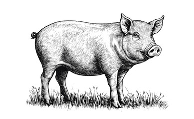 Pig, hog, boar. Vintage retro print, black white pig sketch ink pencil style drawing, linear drawing, engrave old school. Sketch artwork silhouette pig, hog, boar. Side view profile. Illustration