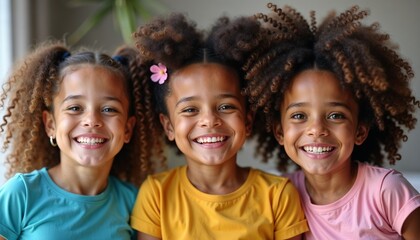 Obraz premium Three joyful triplet girls with curly hair smiling together, showcasing their vibrant personalities 