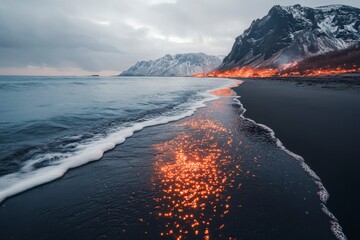 Fiery sunsets reflect on a black sand beach amidst a dramatic coastal landscape in winter. Generative AI