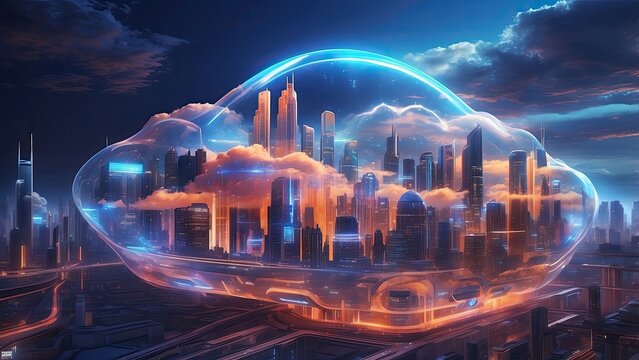 A digital illustration featuring a neon-lit cityscape with glowing lines forming a grid pattern.