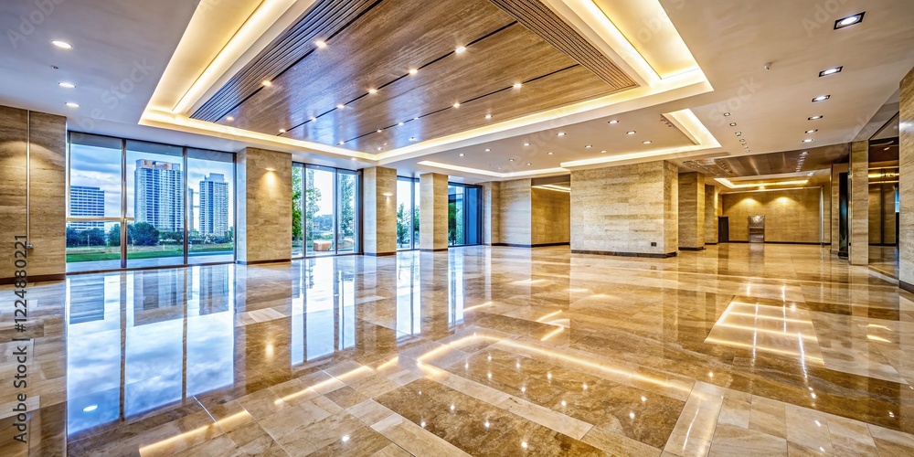Poster polished travertine floor with stone background - ample space for text and branding