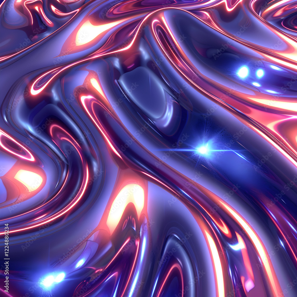Poster Abstract wavy surface with glossy textures and glowing elements in vibrant colors.