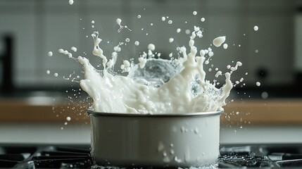 a pan of boiling milk pouring onto a hob or kitchen stove, boiling milk cooking