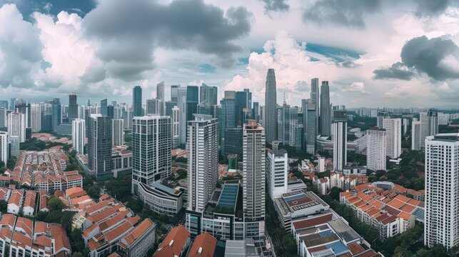 Panoramic view of urban skyline with modern skyscrapers and traditional rooftops under cloudy sky