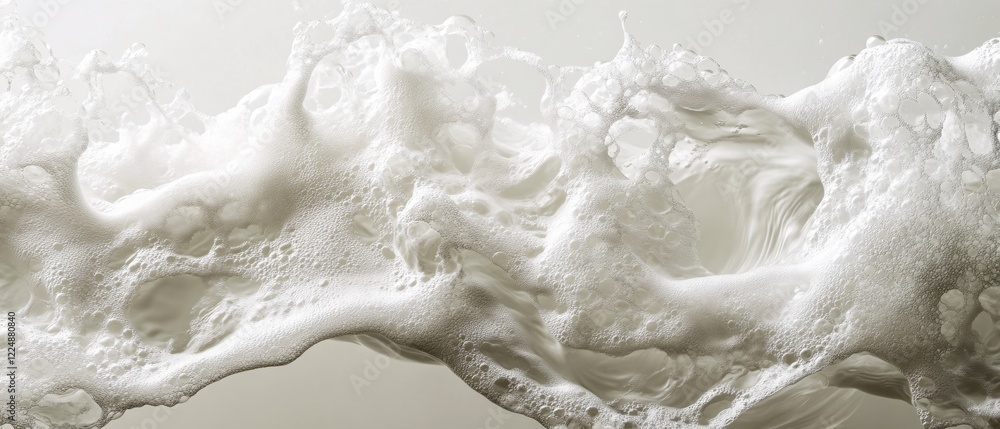 Poster white foam splash with bubbles and liquid flowing in a dynamic abstract pattern on light background