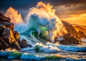 Naklejka premium Powerful Ocean Wave Crashing on Rocky Shore - Dramatic Nature Photography