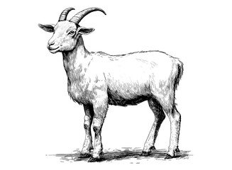 Goat. Vintage retro print, black white goat sketch ink pencil style drawing, engrave old school. Sketch artwork silhouette goat, white background. Side view profile. Illustration