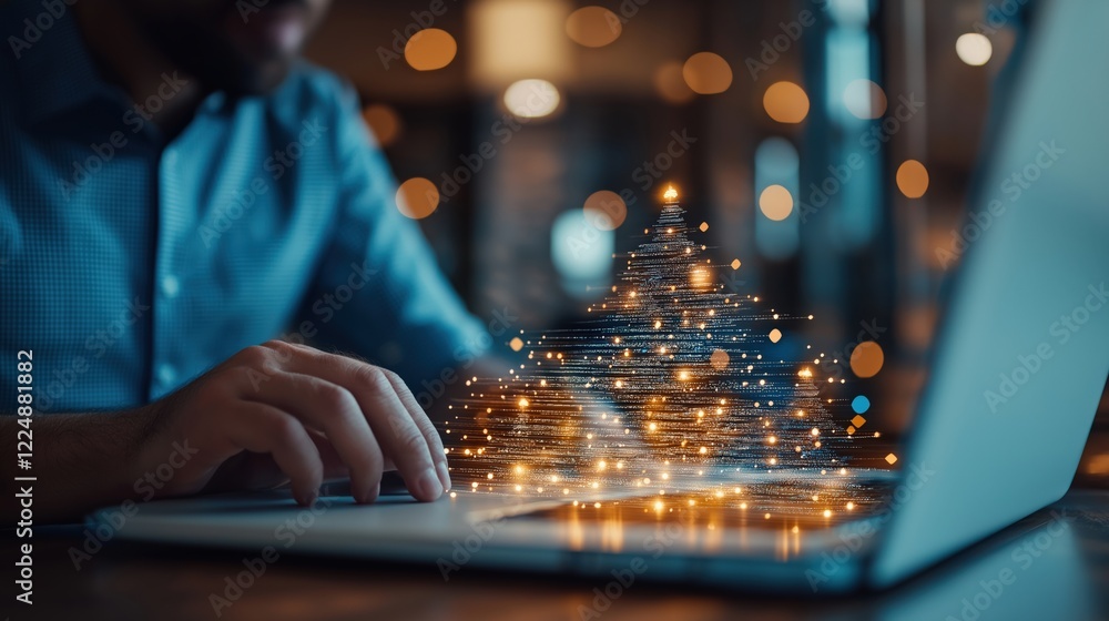 Aufkleber a person engaged in creative work on a laptop with glowing digital patterns and bokeh background in 