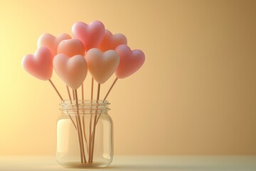 A charming bouquet of heart-shaped lollipops in soft pastel pink and peach hues, elegantly arranged in a glass jar against a warm, minimalistic background.