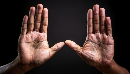 two human hands raised in a stop gesture with palms facing outward and fingers extended, symbolizing caution, warning, or setting boundaries, captured with dramatic lighting against a dark background
