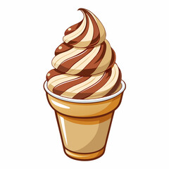 Vanilla soft serve ice cream with chocolate syrup in plastic cup isolated on white background.