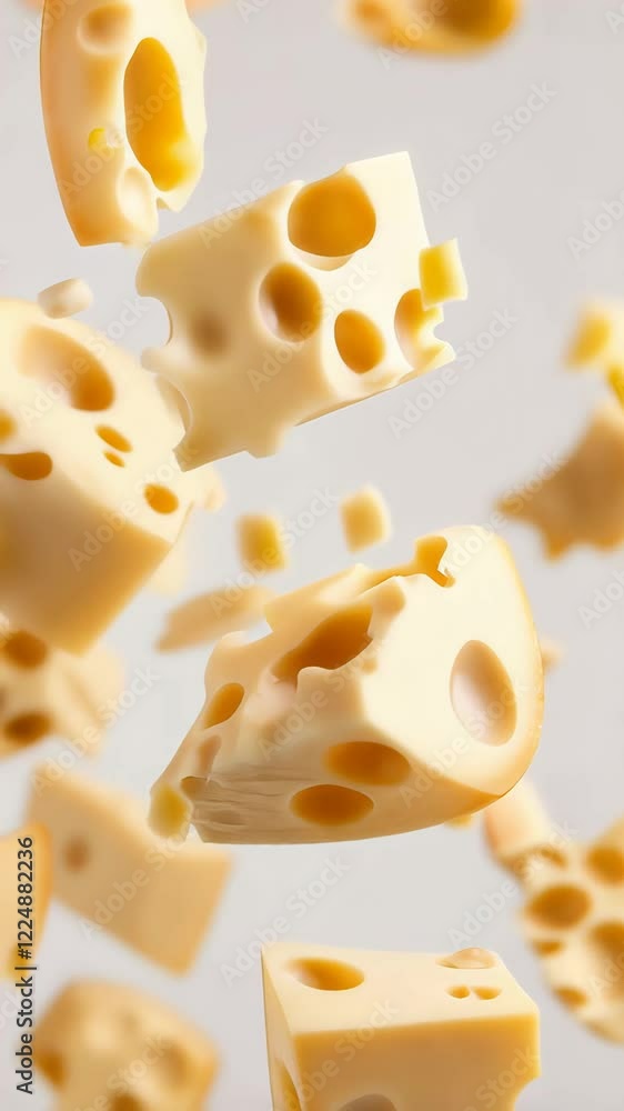 Aufkleber Falling pieces of swiss cheese in various sizes cascade against a clean white background, creating a dynamic and appetizing visual that highlights the cheese's delicious texture and iconic holes