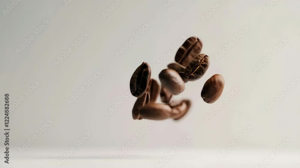 Aufkleber roasted coffee beans are levitating on a minimalist background, creating a visually appealing scene 