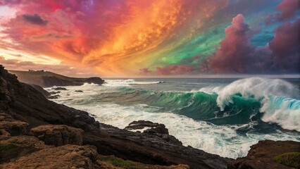 Naklejka premium Psychedelic Ocean Abyss: Vibrant Kaleidoscopic Wallpaper Background