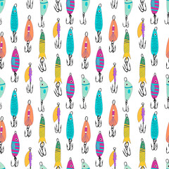 Fishing lures seamless pattern. Fishing hobby endless print. Perfect for wallpaper, fabric, wrapping, packaging, stationery, crafts, home decor, and fishing-themed gifts.