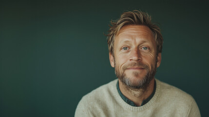 Fototapeta premium Man with light beard smiling warmly against a muted green background in a cozy indoor setting during daytime. Generative AI