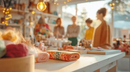 A Cozy Craft Store Gathering: Friends Enjoying a Creative Day with Colorful Yarn and Handmade Decorations in a Bright, Inviting Workspace