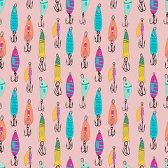 Fishing lures seamless pattern. Fishing hobby endless print. Perfect for wallpaper, fabric, wrapping, packaging, stationery, crafts, home decor, and fishing-themed gifts.