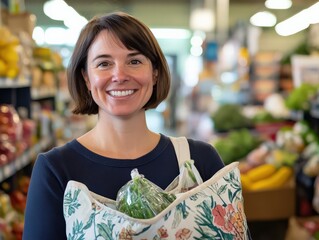 A woman with a bob haircut, smiling warmly while holding a reusable shopping bag filled with groceries at a retail place.