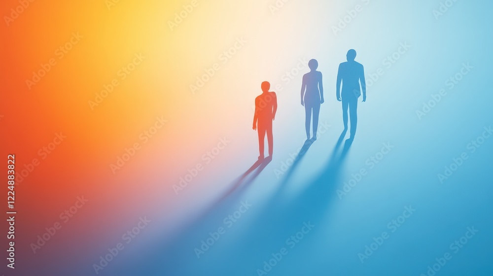 Poster silhouetted figures walking towards a gradient background, symbolizing journey and progress