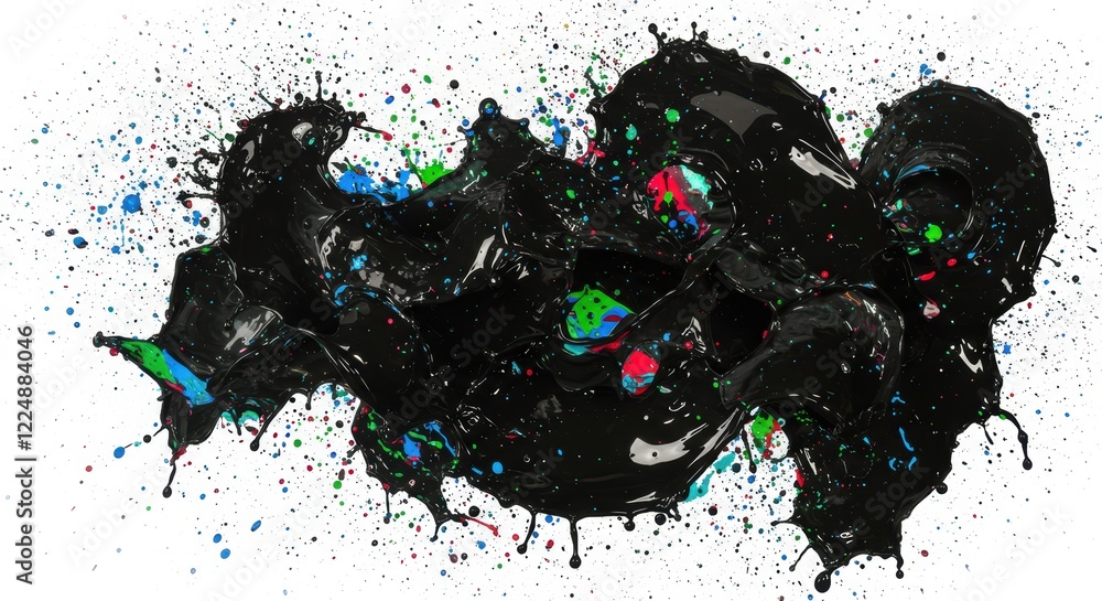 Poster dynamic splash of black paint mixed with vibrant colors creating a stunning abstract art effect