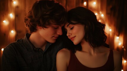 A young couple resting their foreheads together while sitting on the floor, surrounded by dim, romantic lighting.
