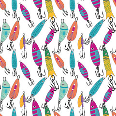 Fishing lures seamless pattern. Fishing hobby endless print. Perfect for wallpaper, fabric, wrapping, packaging, stationery, crafts, home decor, and fishing-themed gifts.