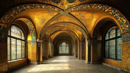 Fototapeta premium Ornate gold mosaic hallway with arched ceilings and stained-glass windows. Perfect for luxury, history, or religious themed projects.