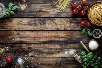 Vista dall'alto pasta italiana cruda sfondo rustico in legno