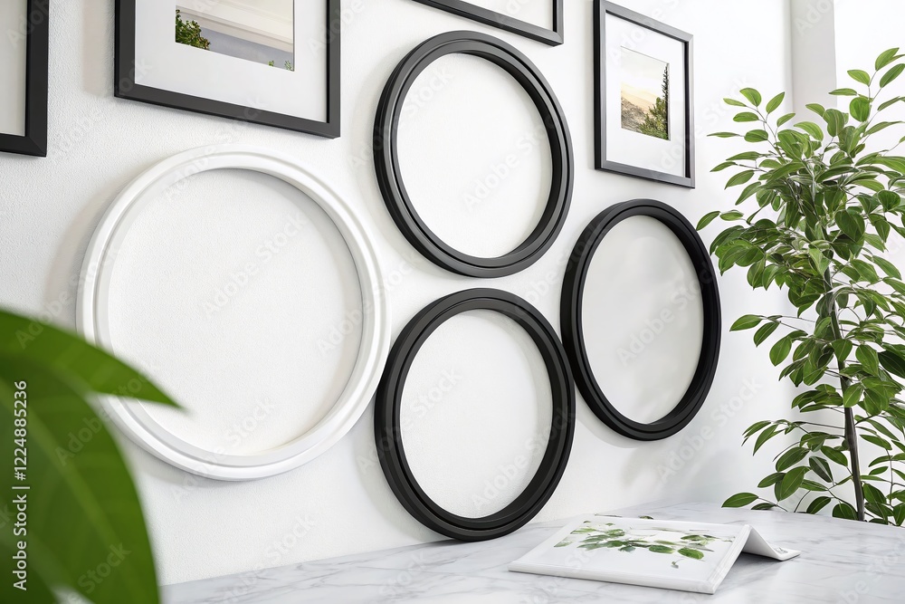 Poster realistic circular frames with shadows: white & black round frame mockup set for design projects