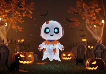 Adorable cartoon ghost in spooky halloween graveyard with pumpkins and bats at night