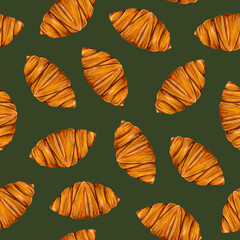 Seamless pattern with watercolor croissants. Food repeating background. Pastry print. Perfect for wallpaper, fabric, wrapping, packaging, stationery, kitchenware decor, crafts, scrapbooking.