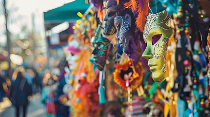 Fototapeta premium Vibrant display of ornate carnival masks in sunlit market scene