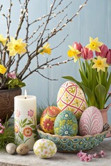 Vintage Easter Tulips and Easter Eggs on an Old White Background