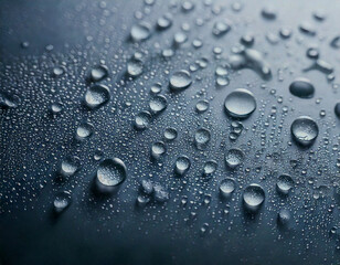 Water droplets on a smooth, dark surface with a gradient light background.