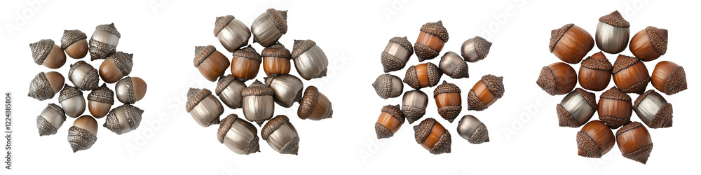 Poster close up view of a mixed collection of various autumn acorns nuts and seeds on a rustic wooden surfa