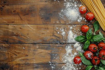 Vista dall'alto pasta italiana cruda sfondo rustico in legno