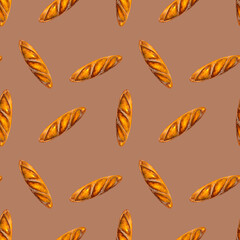 Seamless pattern with watercolor baguettes. French bakery print. Food repetitive background.  Ideal for wallpaper, fabric, wrapping, packaging, stationery, kitchenware decor, crafts, scrapbooking.