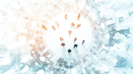 Aerial view of diverse professionals collaborating in a futuristic urban environment